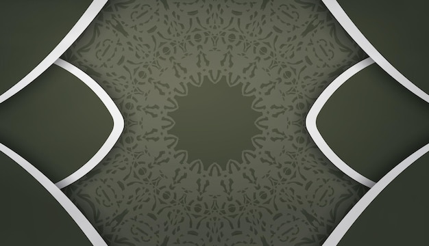 テキストの下のデザインのための曼荼羅の白い飾りとバナーテンプレート濃い緑色