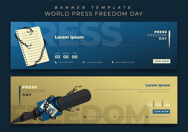 Vector banner template design in gold and blue landscape background for world press freedom day design