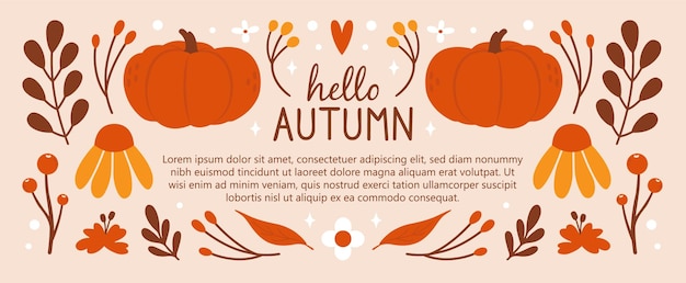 Banner template design with flat cute illustrations of autumn leaves pumpkins flowers branches