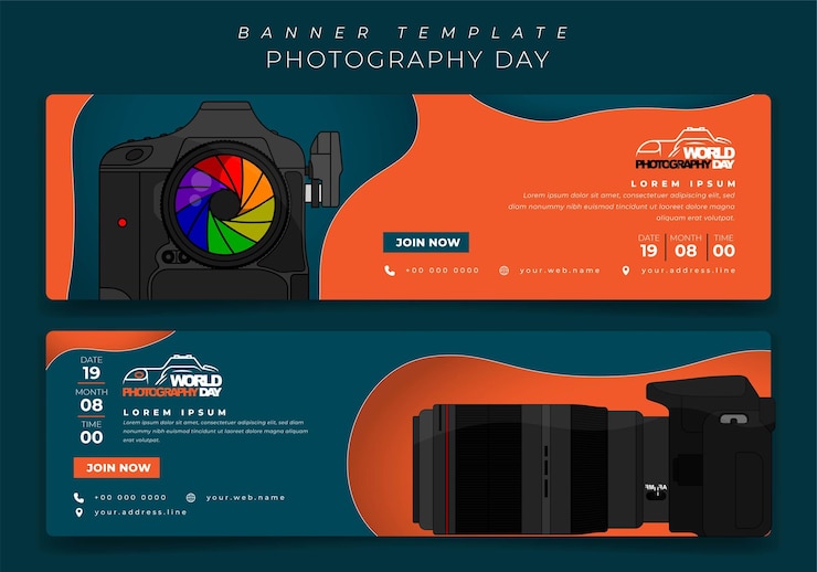 Vector banner template in landscape design with camera for world photography day design