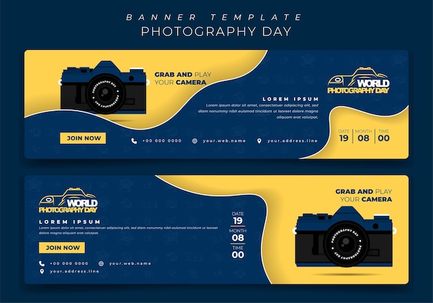 Banner template in landscape with blue yellow background and camera design for photography day