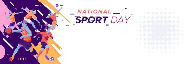 Banner template for national sports day football basketball tennis and volleyball background