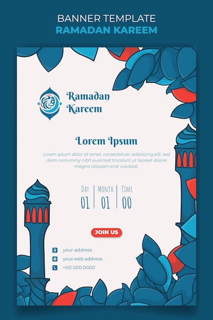 Banner template in portrait background with minaret and leaves in red and blue design