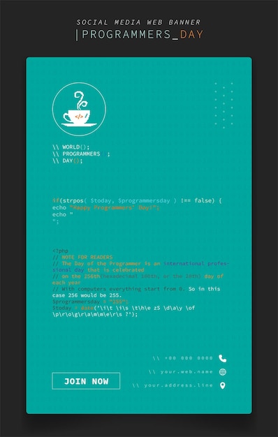 프로그래머의 날 디자인을 위한 녹색 배경의 코딩 텍스트가 있는 세로 디자인의 배너 템플릿
