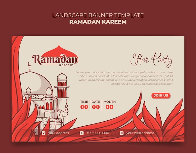 Modello di banner per il design ramadan kareem con moschea ed erba nel design disegnato a mano