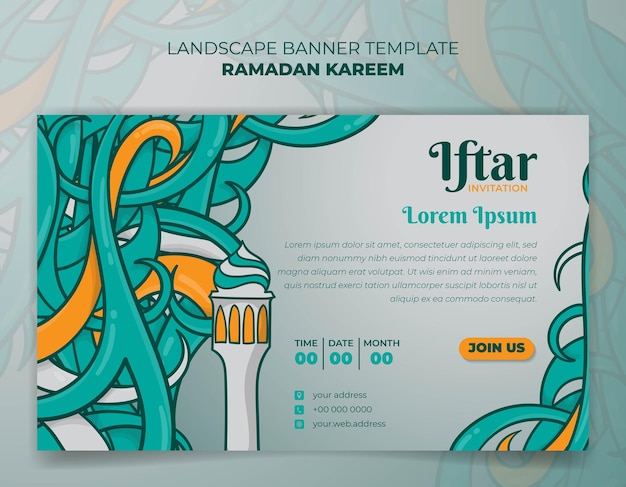 Banner template of ramadan kareem with hand drawn of grass and minaret design