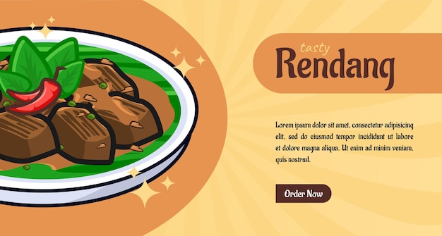 Modello di banner rendang cibo piatto indonesiano fumetto vettoriale