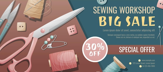 Banner template for sewing workshop Discount coupon with sewing items Pattern template buttons thread Poster for sewing courses schools shops ateliers Discounts on products and services