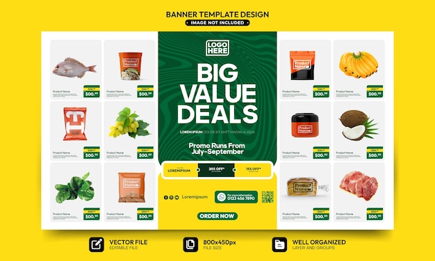 Vector banner template for supermarket product price catalog