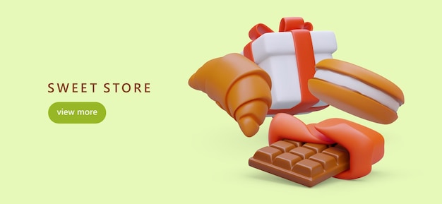 Banner template for sweets shop confectionery Concept of online advertising with button