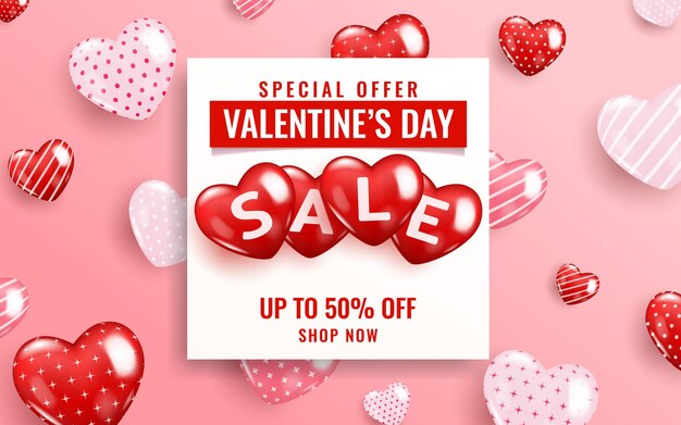 Banner template of Valentine's Day sale with hearts.