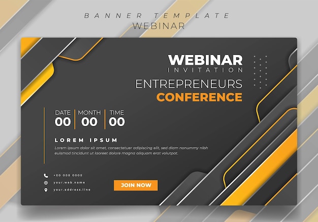 Banner template for webinar invitation with geometric black and yellow background design