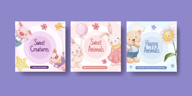 Modello di banner con il concetto di adorabili animali, stile acquerello