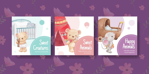 Vector banner template with adorable animals concept,watercolor style