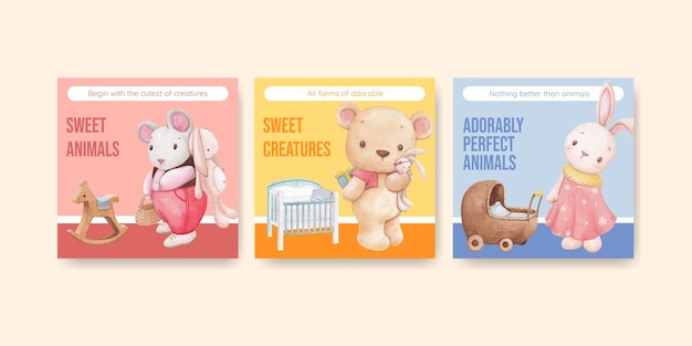 Banner template with adorable animals concept,watercolor style