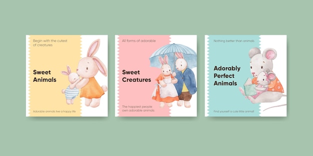 Banner template with adorable animals concept,watercolor style