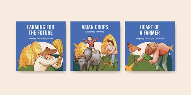 Modello di banner con concetto di agricoltore asiatico in stile acquerello