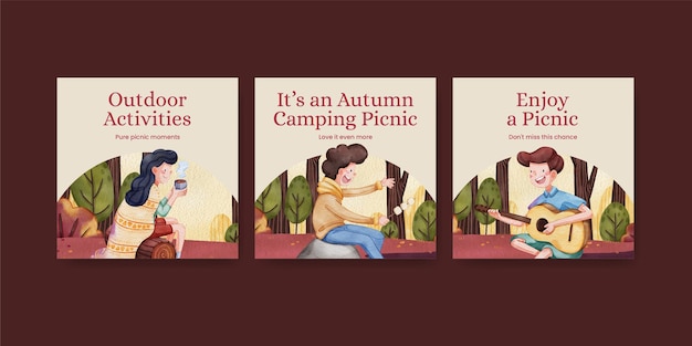 Banner template with autumn camping picnic conceptwatercolor style