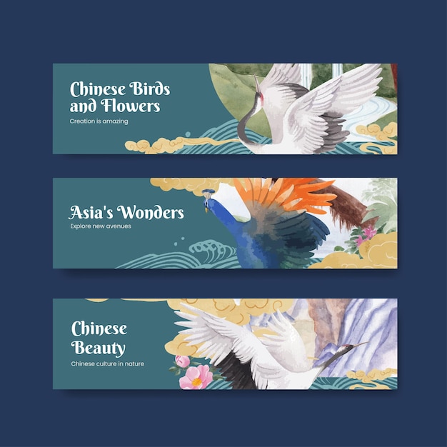 Banner template with bird and chinese flower concept,watercolor style