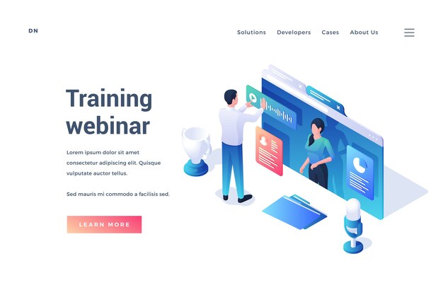 インターネット上でトレーニングウェビナーを開催している実業家とバナーテンプレート