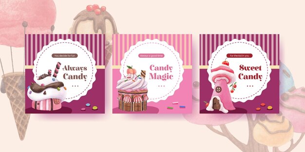 Vector banner template with candy land concept design watercolor illustration