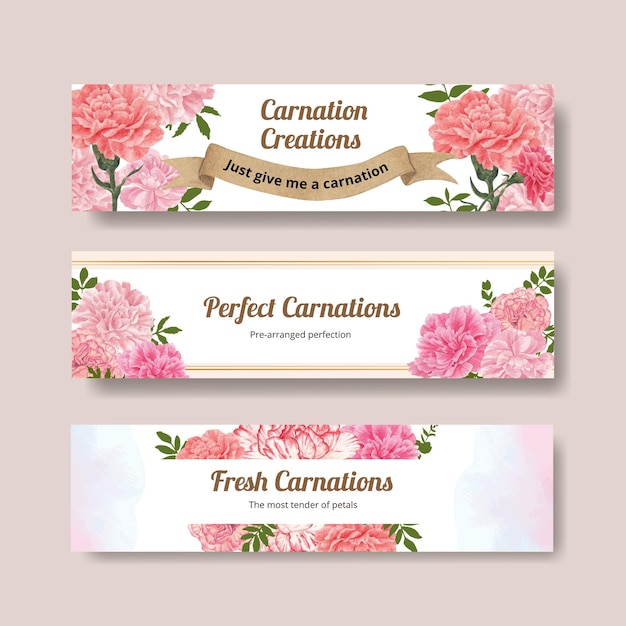 Vector banner template with carnation flower concept, watercolor style