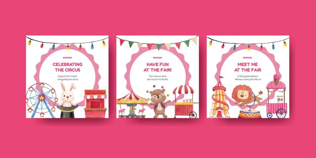 Vector banner template with circus funfair in watercolor style