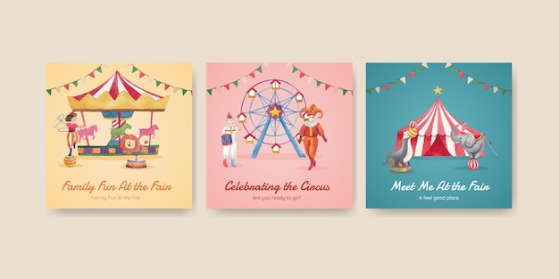 Vector banner template with circus funfair in watercolor style