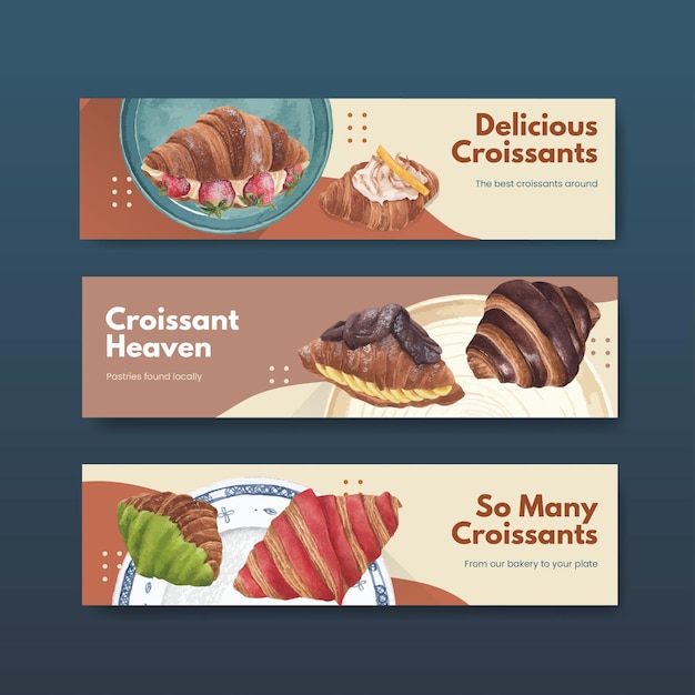 Modello di banner con concetto di croissant, stile acquerello