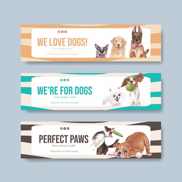 Vector banner template with cute dog concept,watercolor style