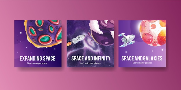 banner template with galaxy concept design watercolor illustration