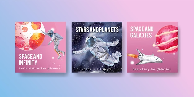 banner template with galaxy concept design watercolor illustration