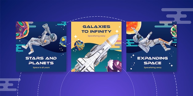 banner template with galaxy concept design watercolor illustration