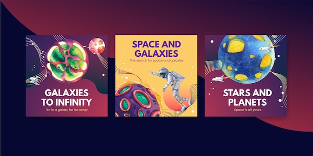 banner template with galaxy concept design watercolor illustration