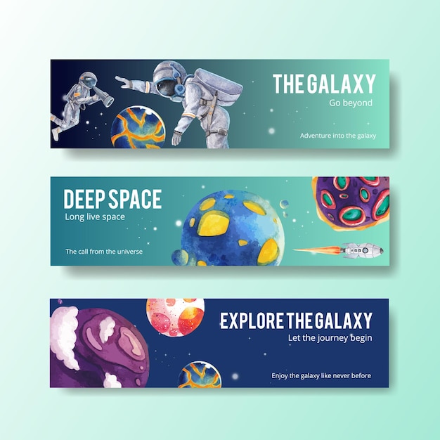 Banner template with galaxy concept design watercolor illustration