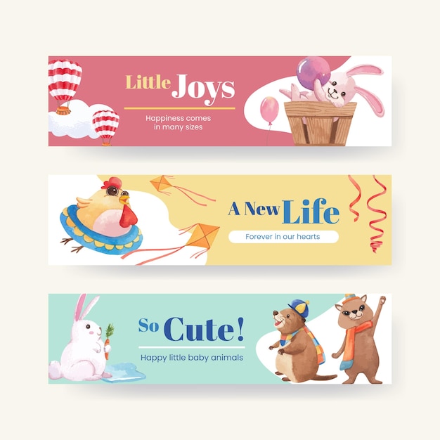 Vector banner template with happy animals concept  watercolor illustration