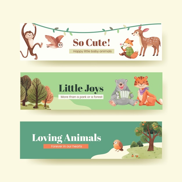 Vector banner template with happy animals concept  watercolor illustration