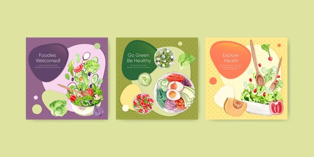 Vector banner template with healthy salad conceptwatercolor stylexa