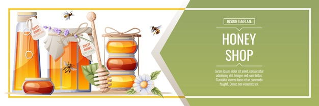 Banner template with honey products Honey shopIllustration of a jar of honey honeycombs bees flowers