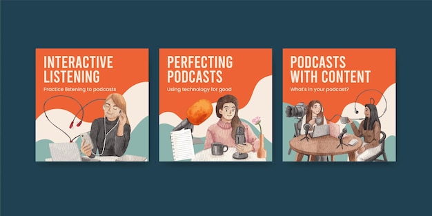 banner template with international podcast day conceptwatercolor style