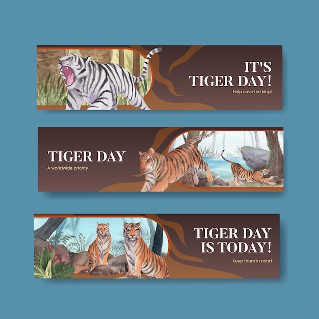 Шаблон баннера с концепцией международного дня тигра, акварель в стиле