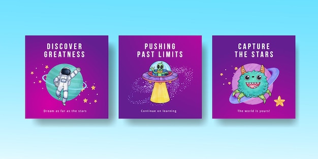 banner template with kids explore galaxy conceptwatercolor style