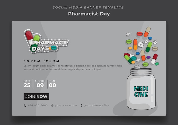 Vector banner template with medicines and medicine box in gray background for pharmacist day design