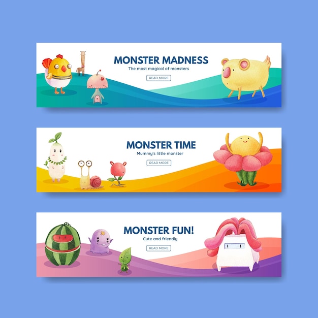 Modello di banner con illustrazione dell'acquerello di monster concept design