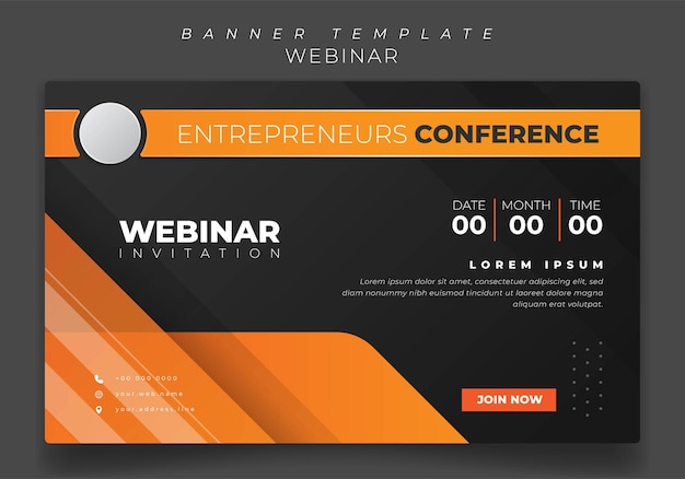 Vector banner template with orange and black geometric background for webinar invitation design