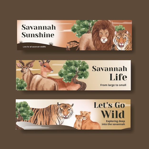 サバンナ野生動物の概念水彩イラストとバナーテンプレート