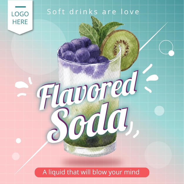 Modello di banner con disegno di bevanda soda per il marketing illustrazione dell'acquerello