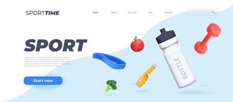 banner template with sports 3d elements a bottle of water a kettlebell an elastic band for sports