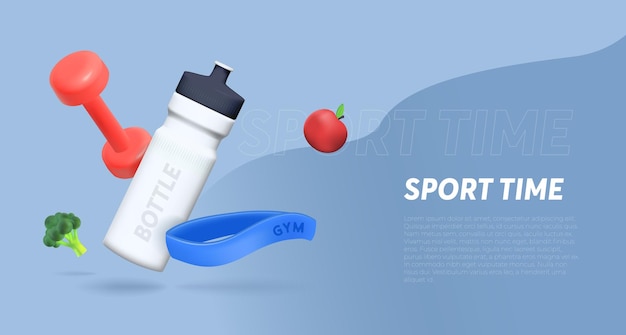 Vettore modello di banner con elementi sport 3d una bottiglia d'acqua un kettlebell un elastico per lo sport