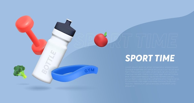 Banner template with sports 3d elements a bottle of water a kettlebell an elastic band for sports